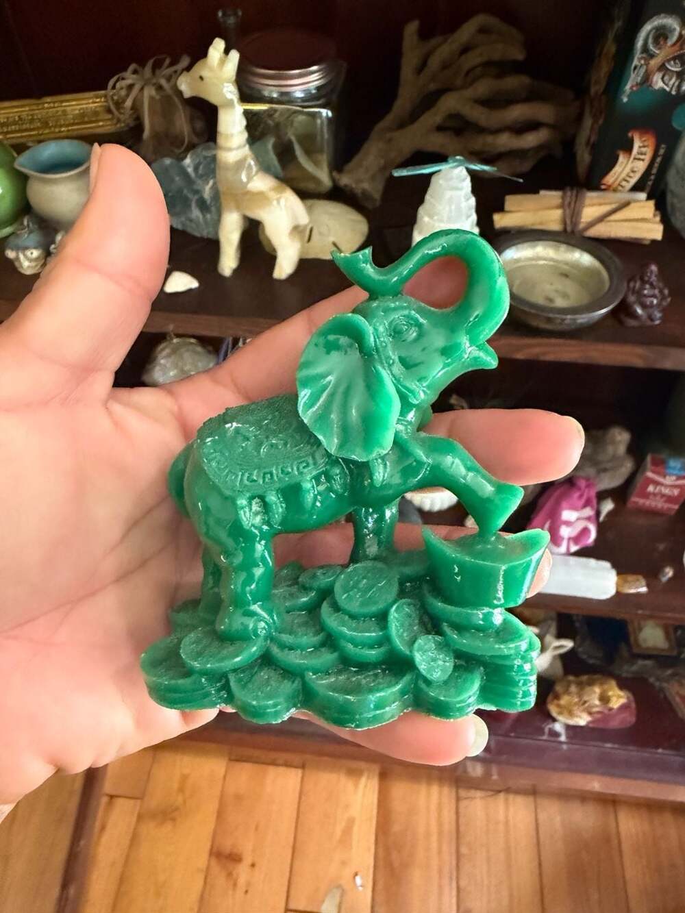 Feng Shui Green Elephant Statue with Money Coins and Ingot Figurine